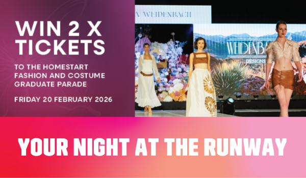 Graduate fashion runway show with promotional text about winning tickets