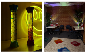 Dim room with mood lighting and sensory items