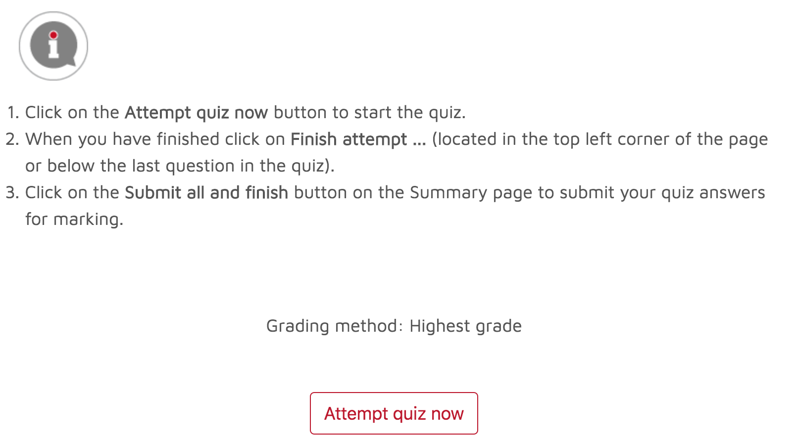 Attempt quiz button with instructions above