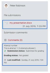Confirmation box showing name of file submitted plus details re how many attempts , submission status and grading status