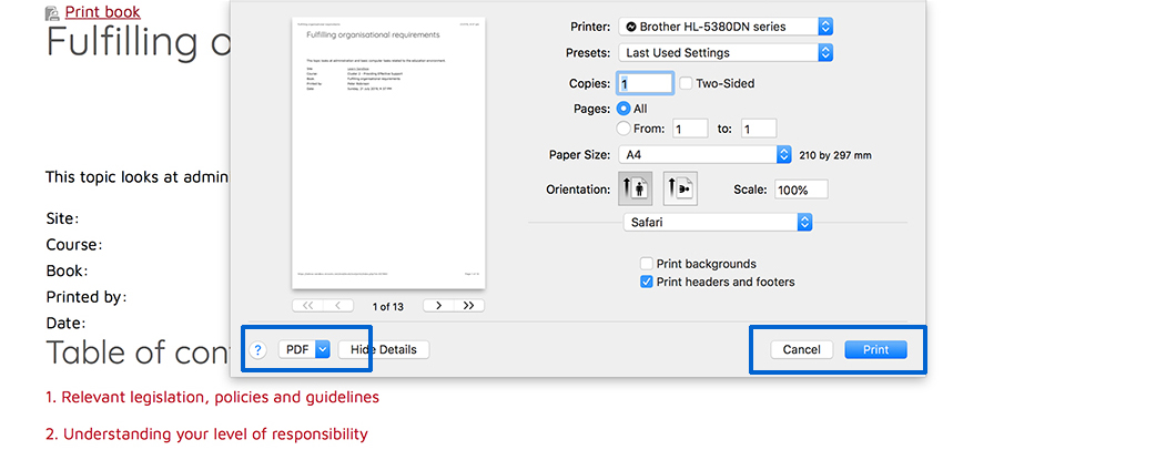 Print window with options to print document or save as PDF 