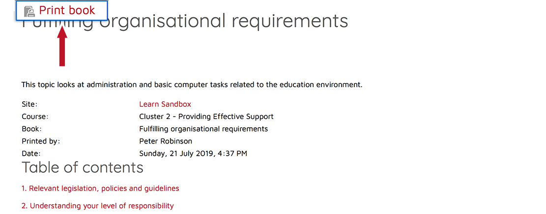 Print Book button highlighted at top of browser window