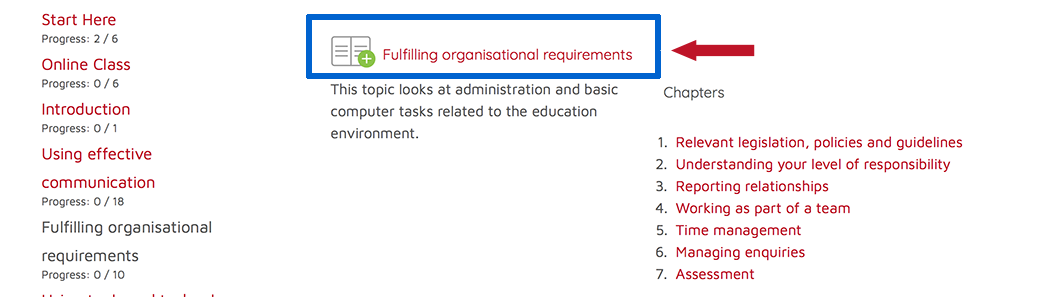 Screenshot of course page with book icon/link highlighted