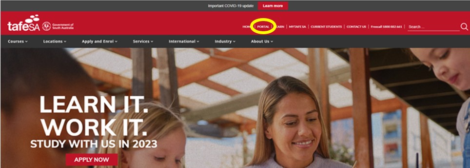TAFE SA website banner with Portal link highlighted