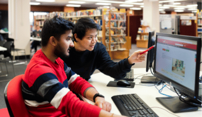 Two students working together at a library computer