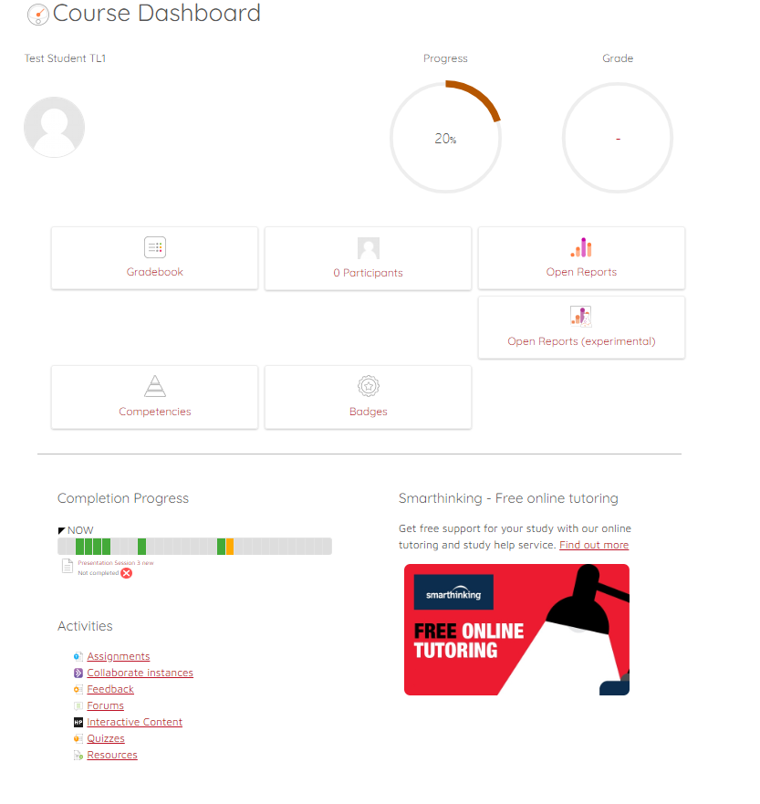 Screenshot of course dashboard