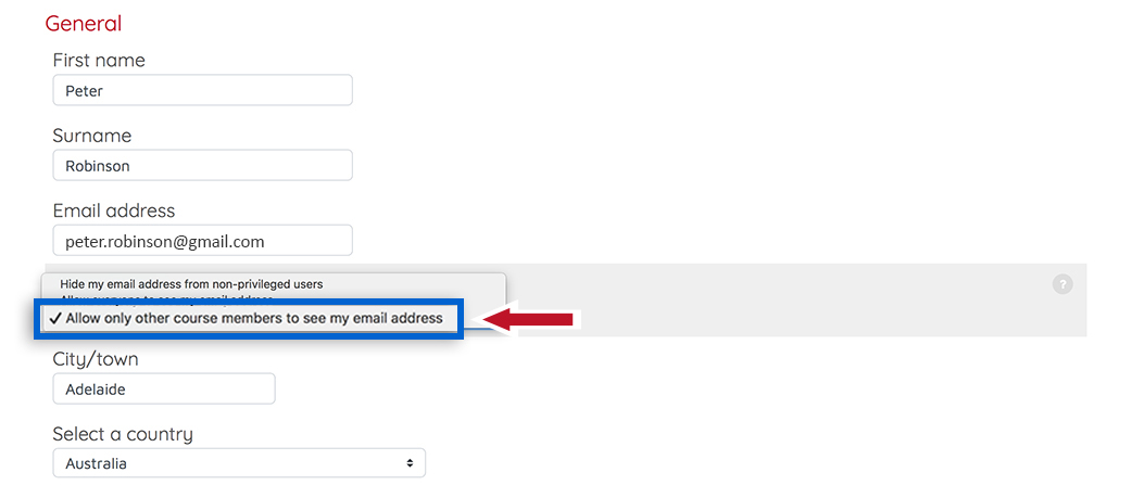 Screenshot of email address settings