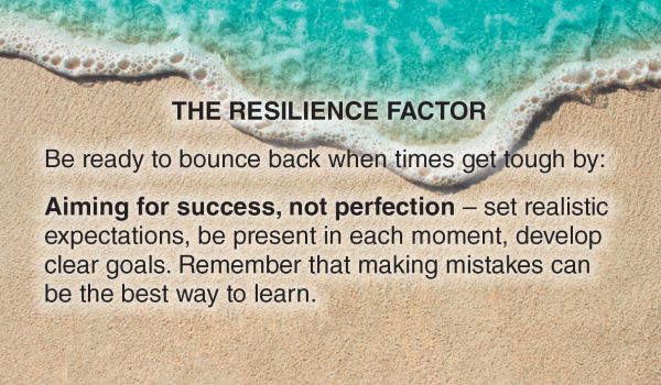 Image of ocean waves touching sand. Text overlay says The Resilience Factor: Be ready to bounce back when times get tough by aiming for success, not perfection. Set realistic expectations, be present in each moment, develop clear goals. Remember that making mistakes can be the best way to learn