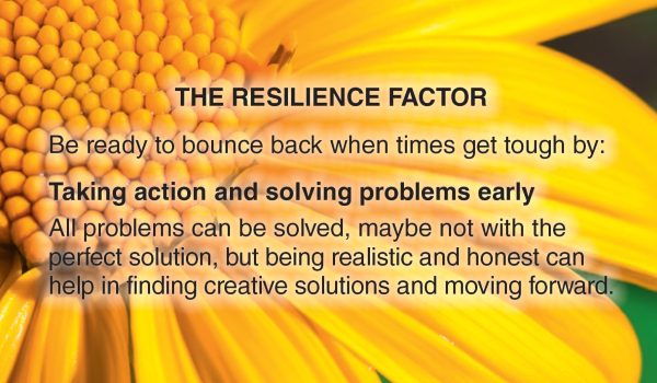 Image of the petals on a yellow sunflower. Text overlay says The Resilience Factor: Be ready to bounce back when times get tough by taking action and solving problems early. All problems can be solved, maybe not with the perfect solution, but being realistic and honest can help in finding creative solutions and moving forward